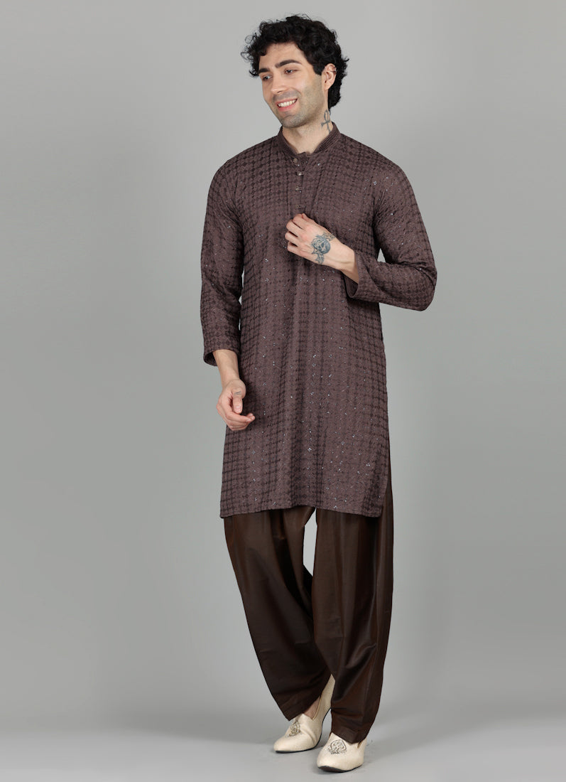 Men's Brown Chikankari Kurta Salwar Set