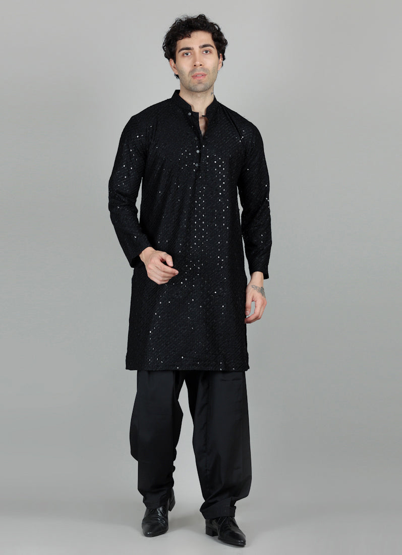 Men's Black Chikankari Sequin Embellished Salwar Set