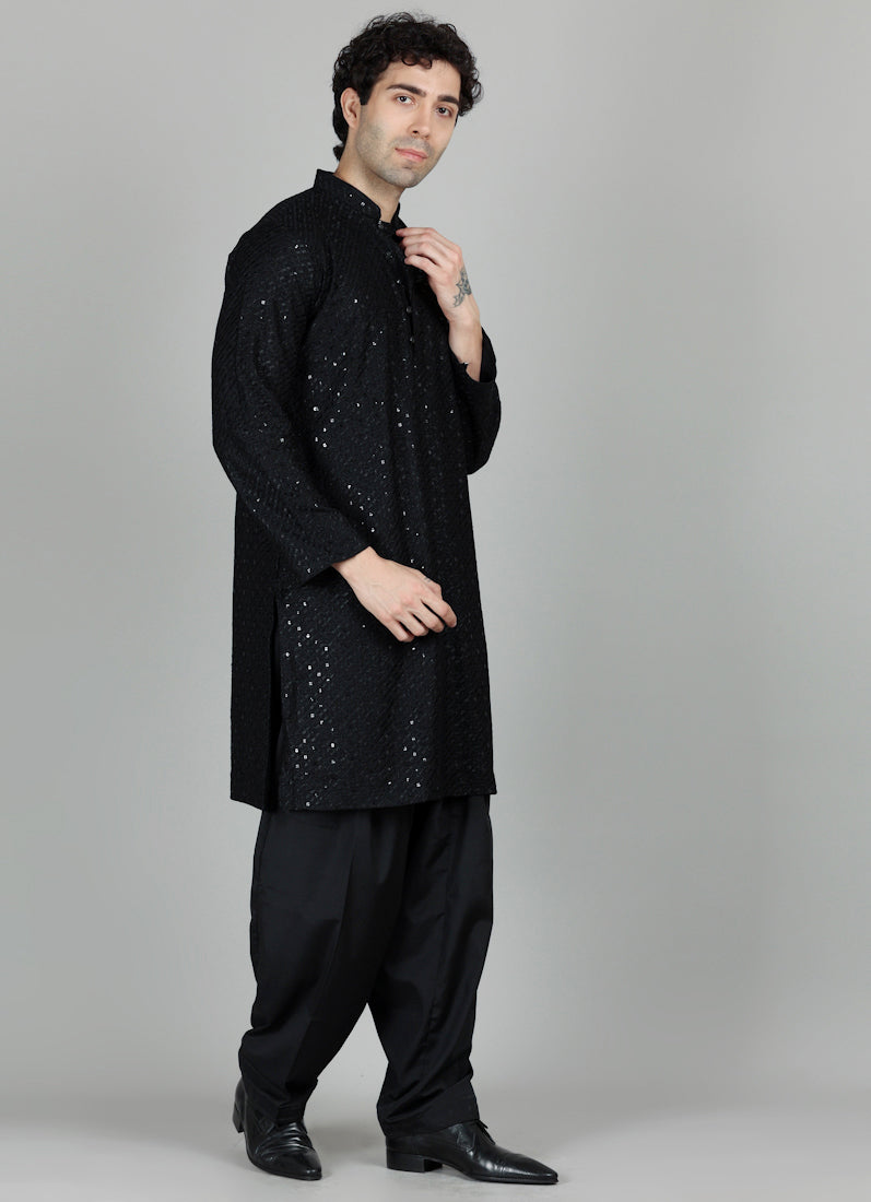 Men's Black Chikankari Sequin Embellished Salwar Set