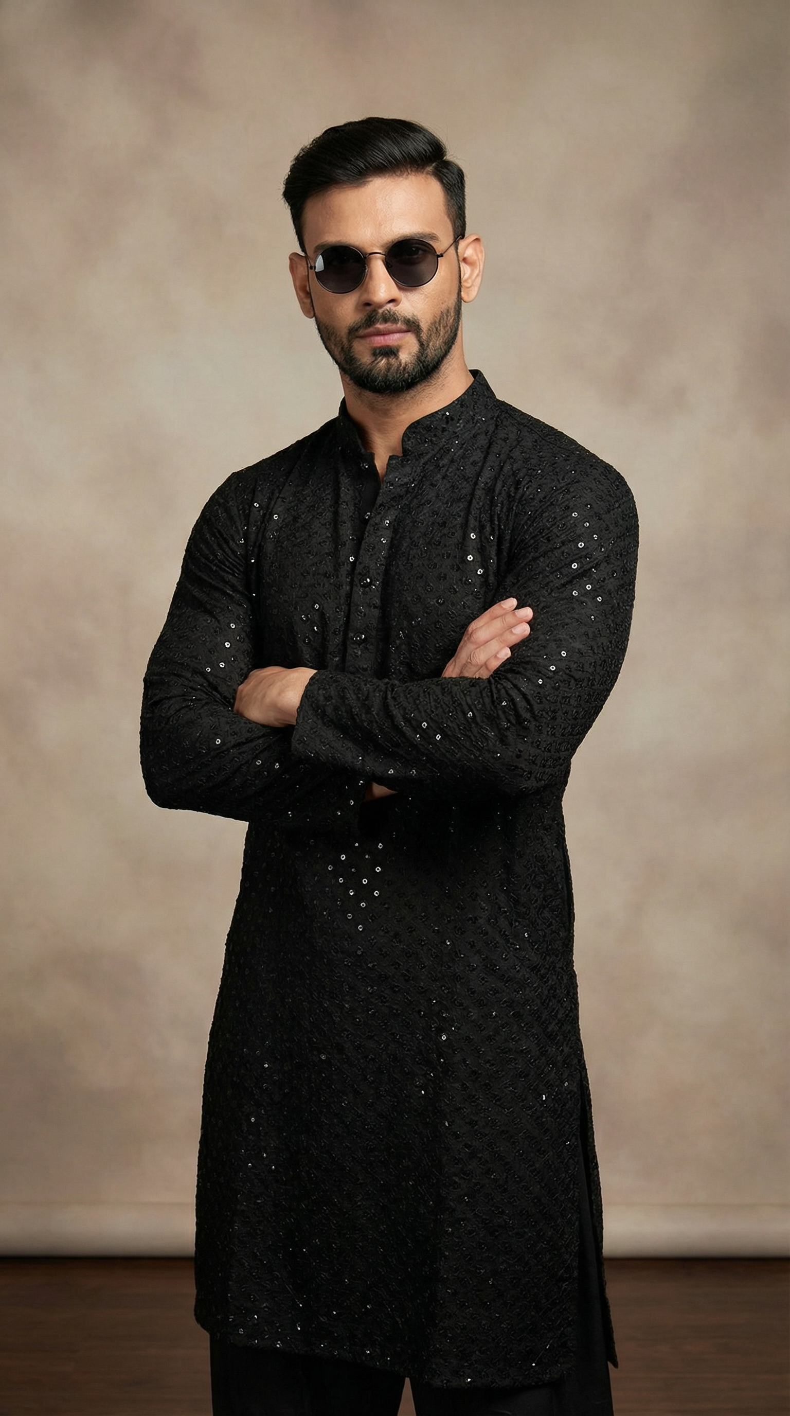 Men's Black Chikankari Sequin Embellished Shalwar Kameez