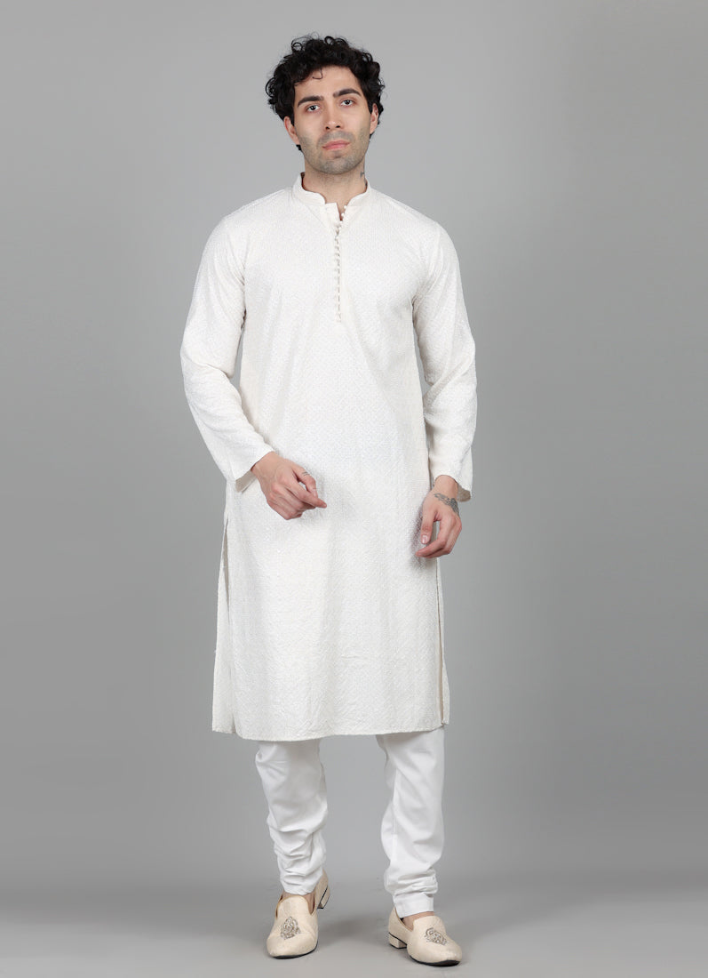 Men's White Elegant Sequin Embellished Pyjama Set