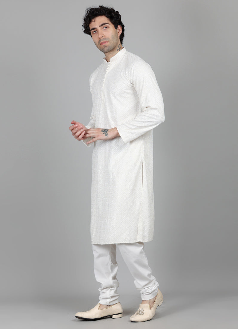 Men's White Elegant Sequin Embellished Pyjama Set