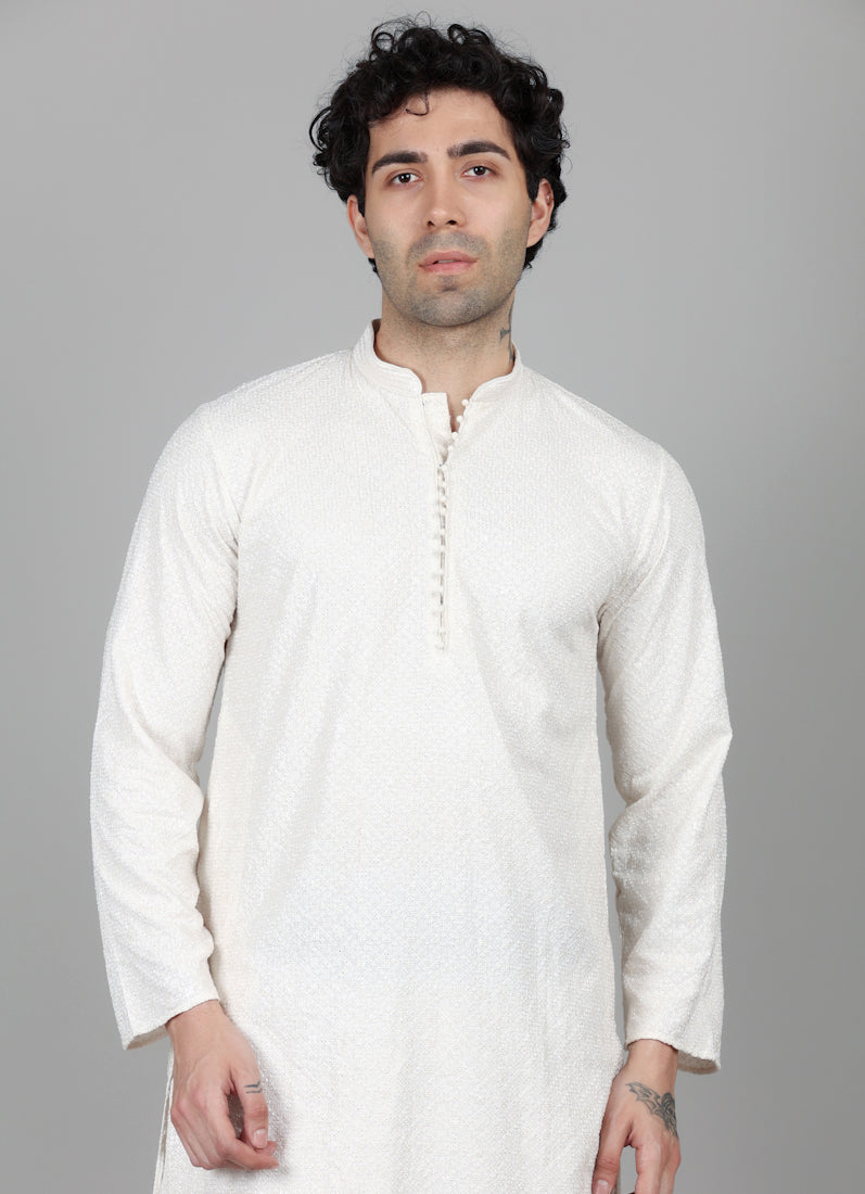 Men's White Elegant Sequin Embellished Pyjama Set