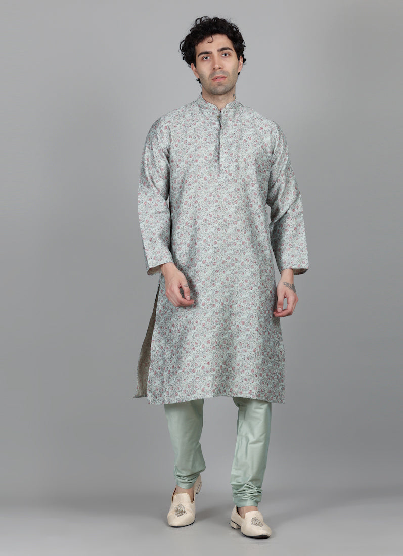 Men's Rose Green Floral Printed Kurta Payjama Set