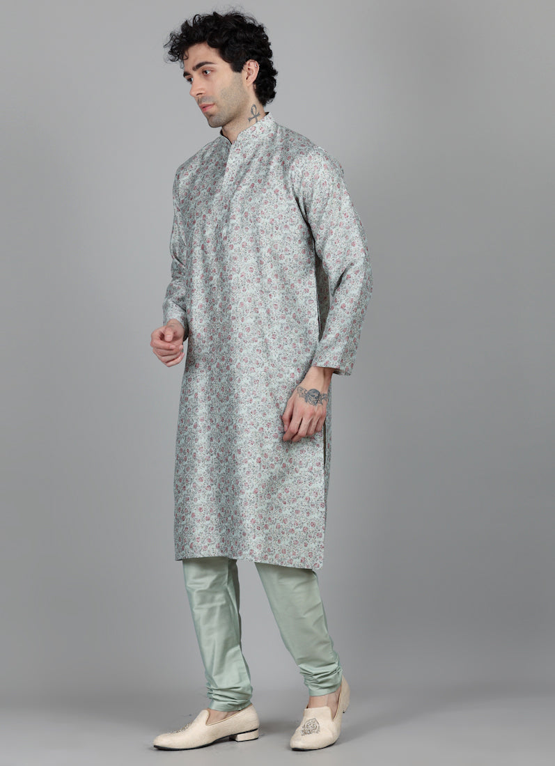 Men's Rose Green Floral Printed Kurta Payjama Set