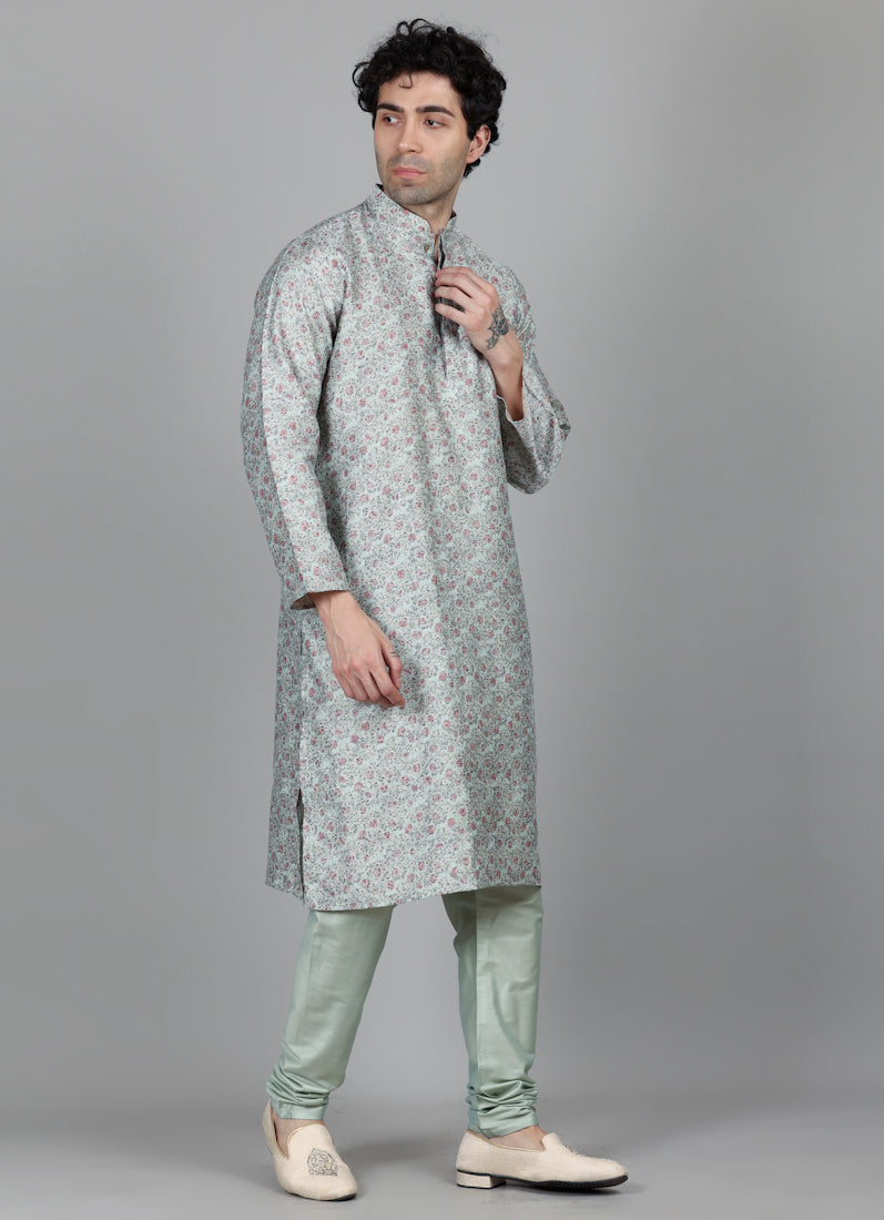 Men's Rose Green Floral Printed Kurta Payjama Set