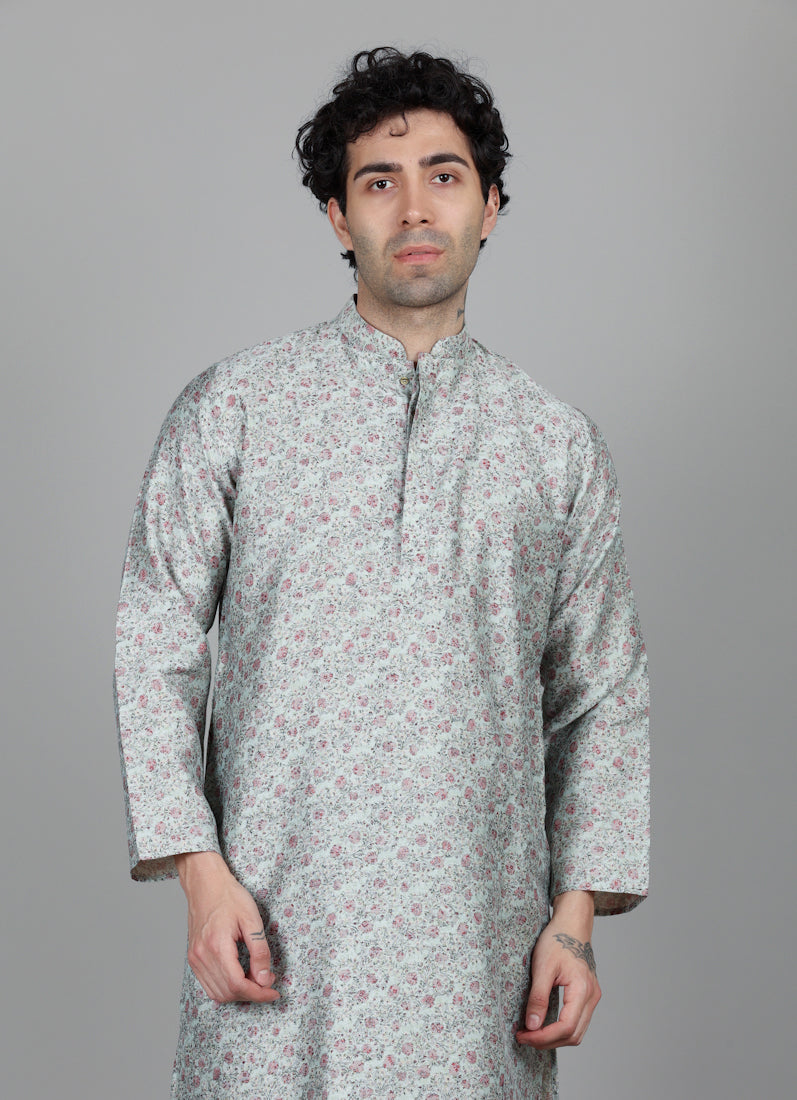 Men's Rose Green Floral Printed Kurta Payjama Set