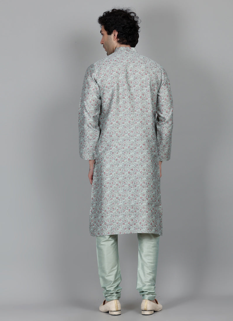 Men's Rose Green Floral Printed Kurta Payjama Set