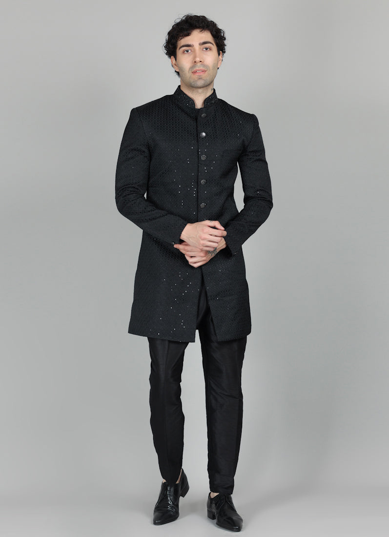 Men's Black Brocade Embroidered Semi Sherwani