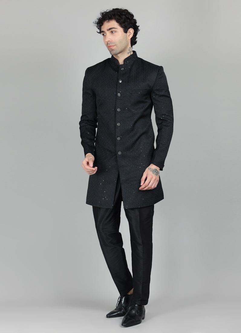 Men's Black Brocade Embroidered Semi Sherwani