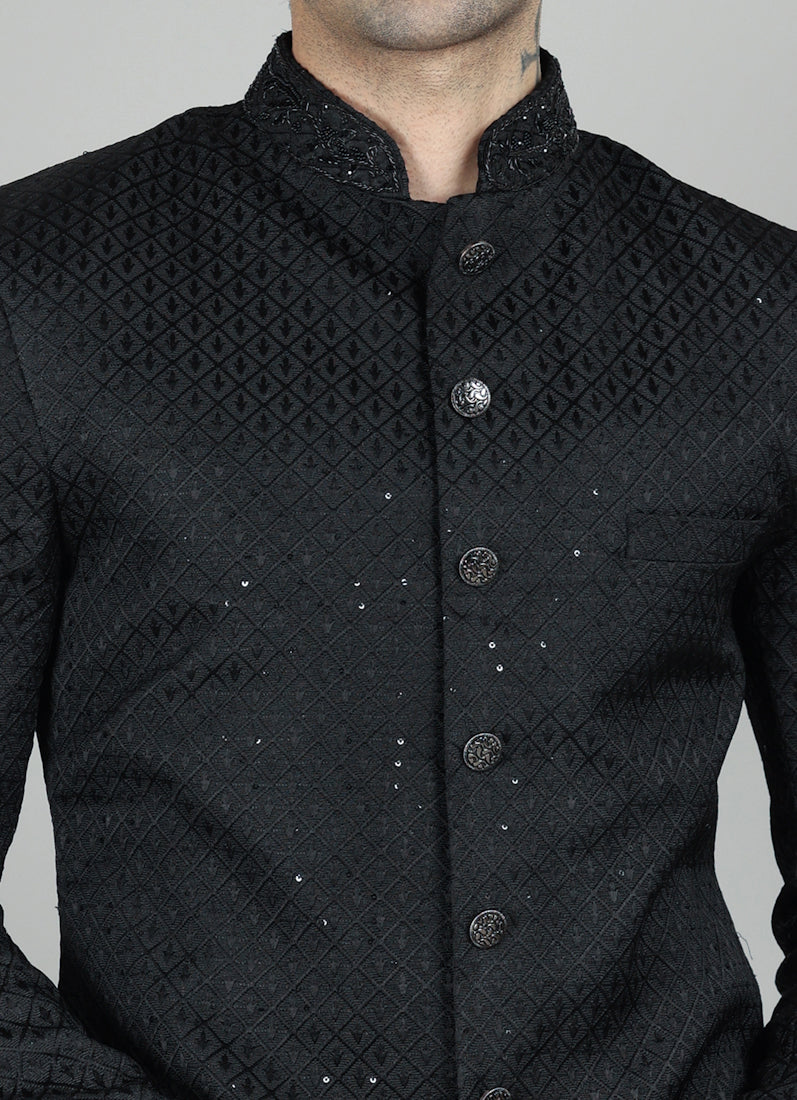 Men's Black Brocade Embroidered Semi Sherwani