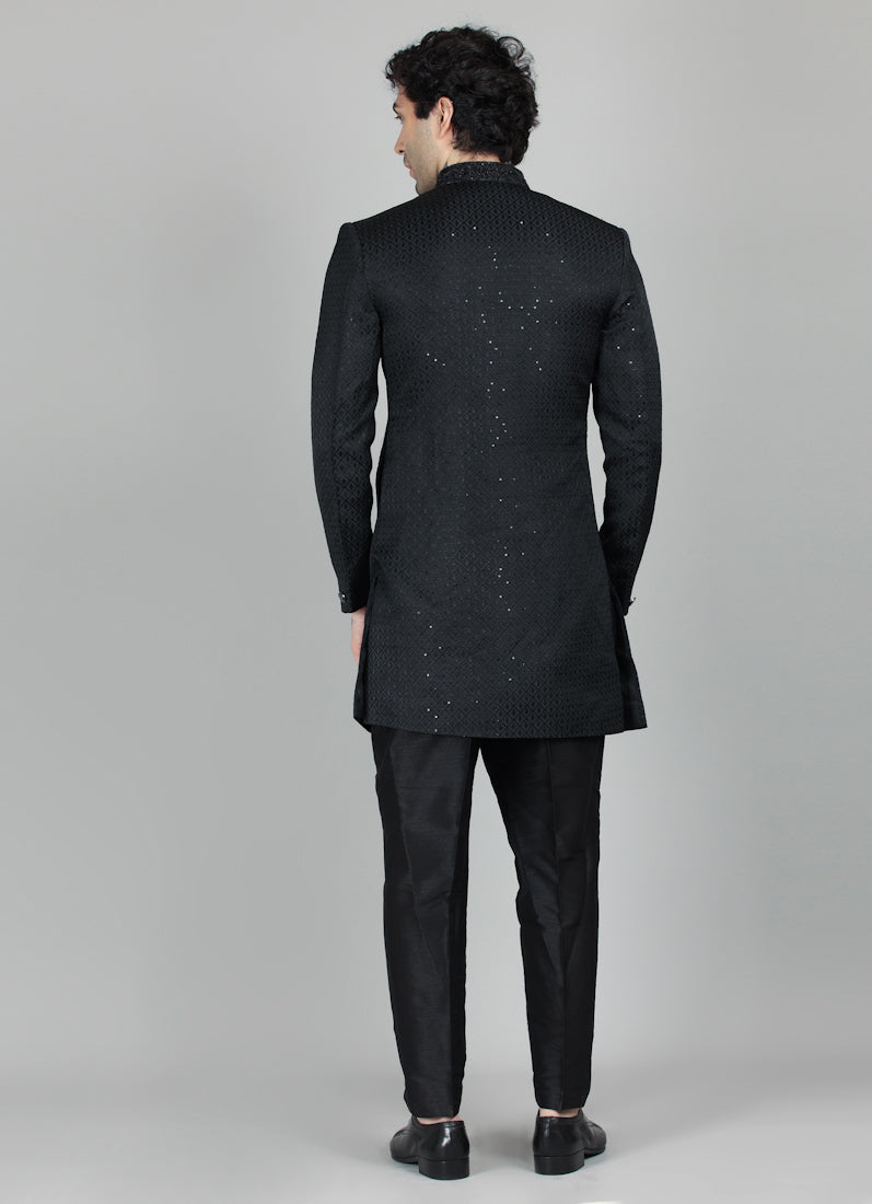 Men's Black Brocade Embroidered Semi Sherwani