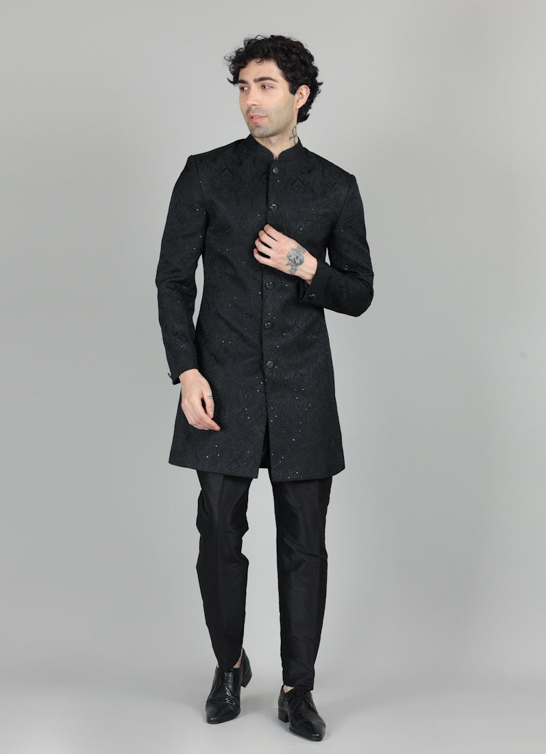 Men's Black Brocade Semi Sherwani