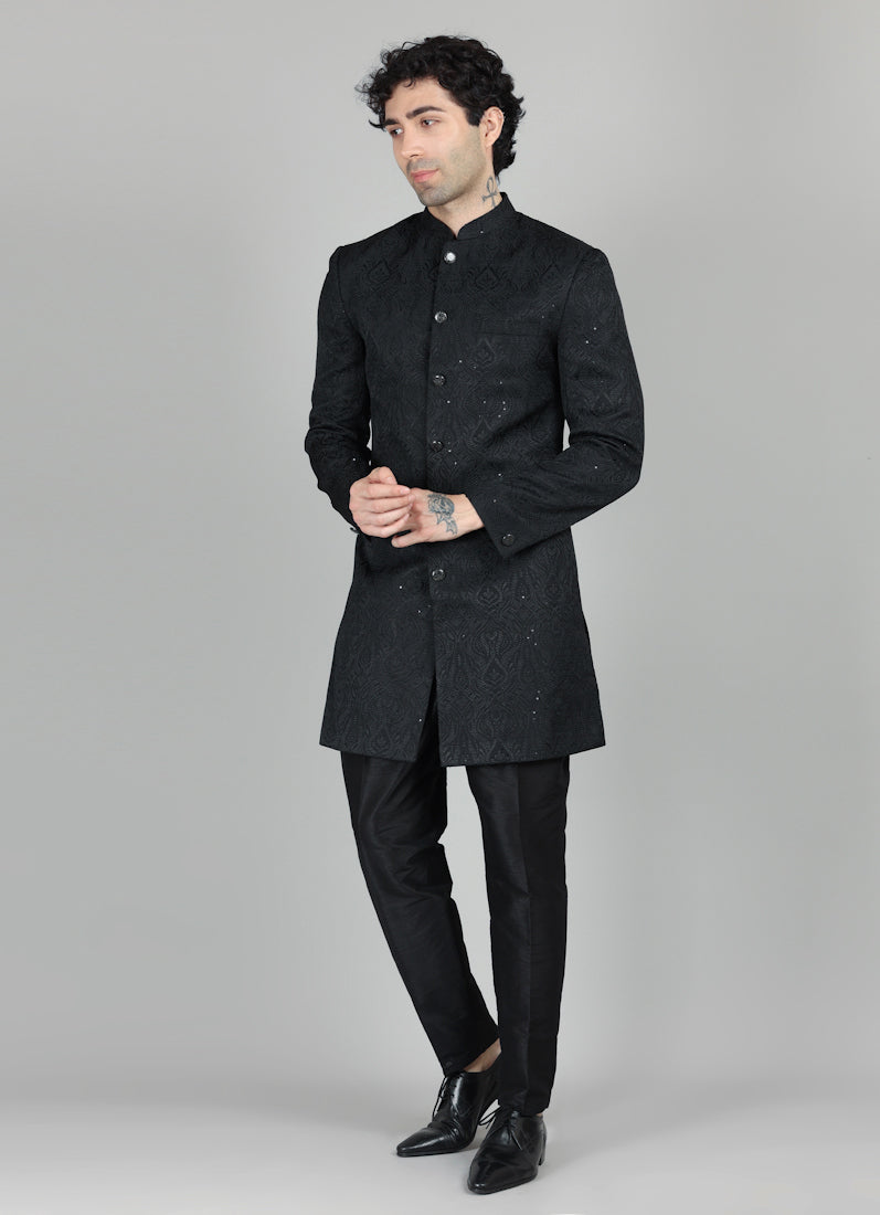 Men's Black Brocade Semi Sherwani