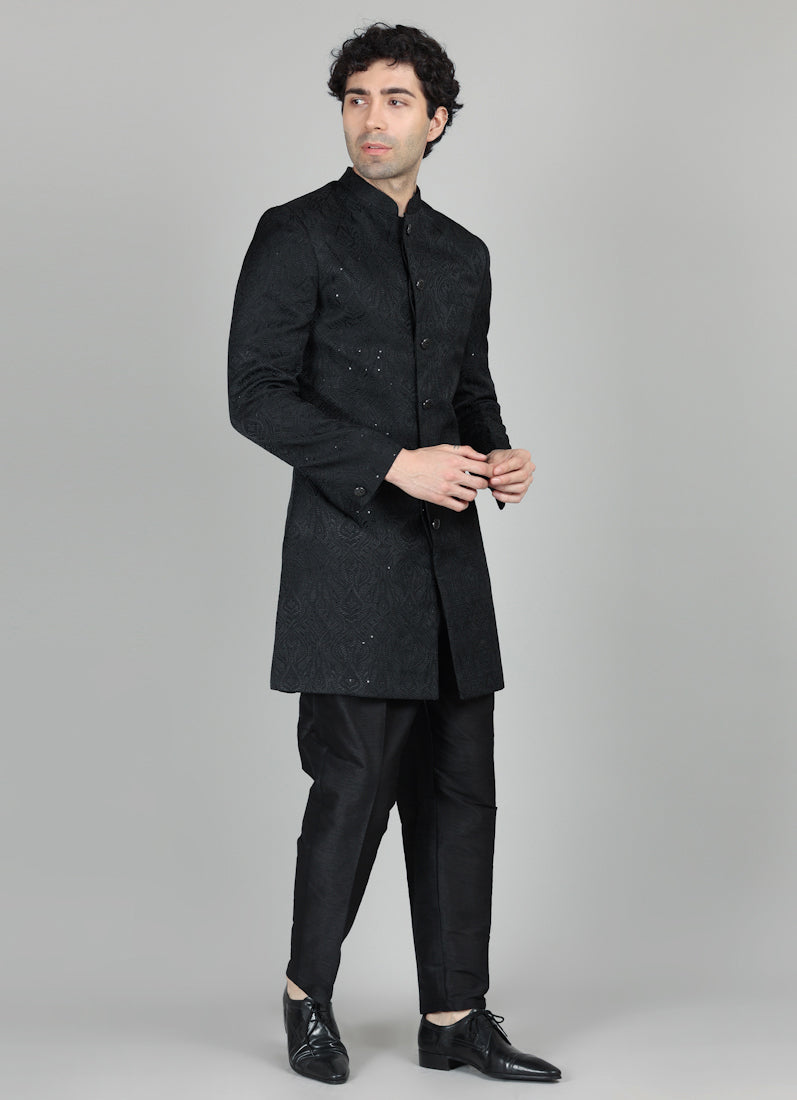 Men's Black Brocade Semi Sherwani