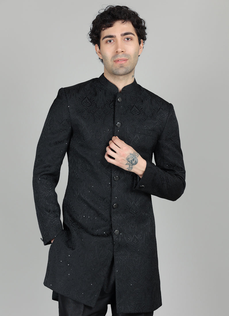 Men's Black Brocade Semi Sherwani