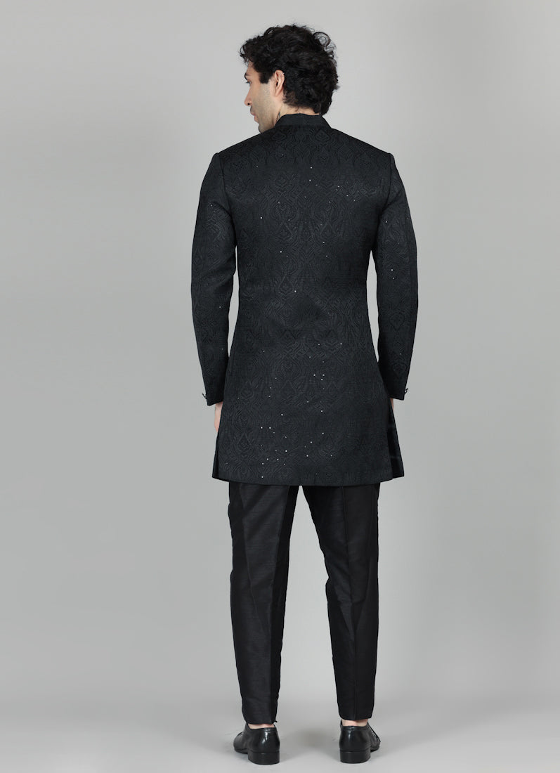 Men's Black Brocade Semi Sherwani