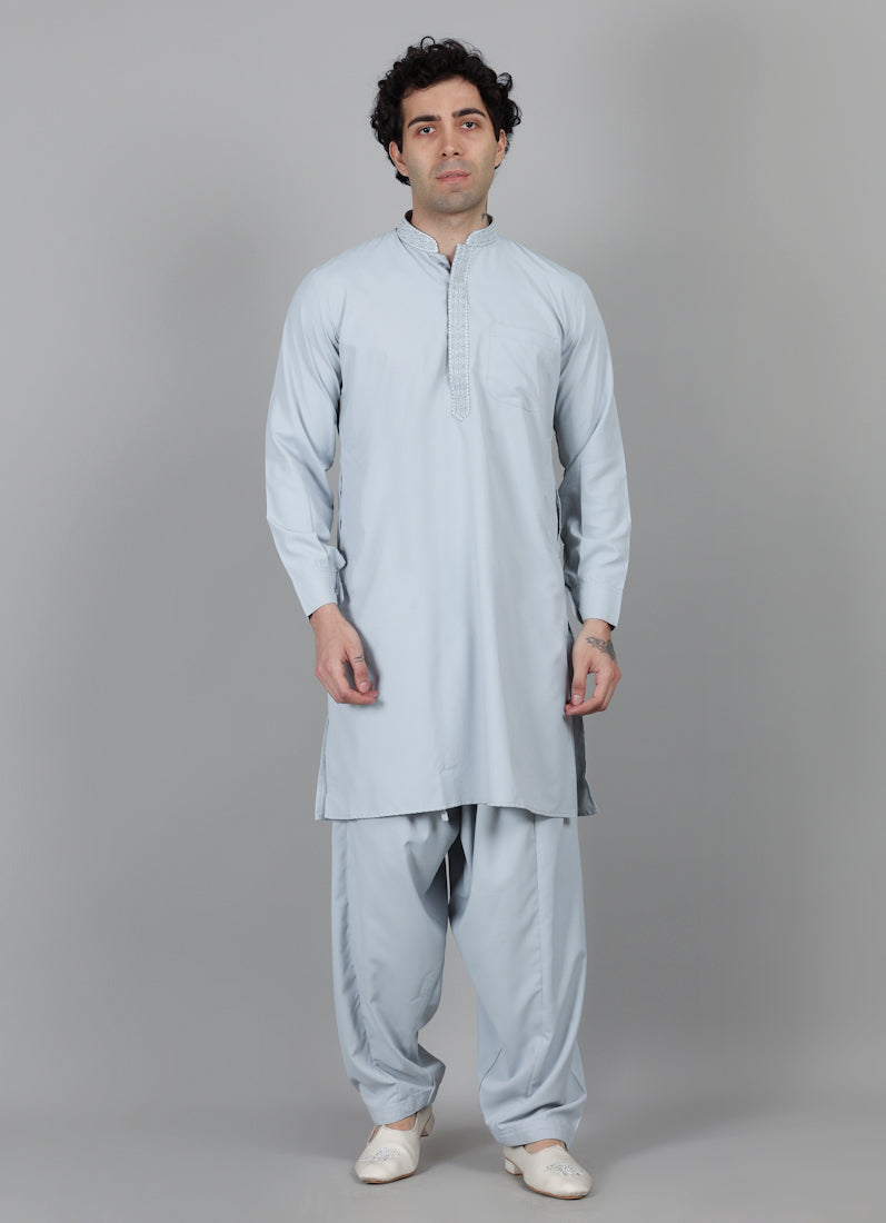 Men's Grey Thread Embroidered Salwar Set