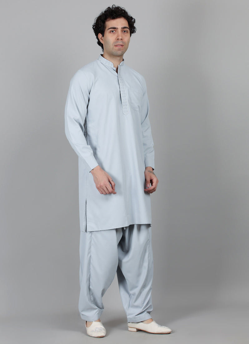 Men's Grey Thread Embroidered Salwar Set