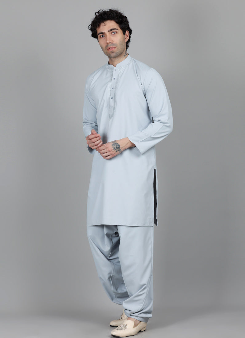 Men's Light Grey Thread Embroidered Salwar Set