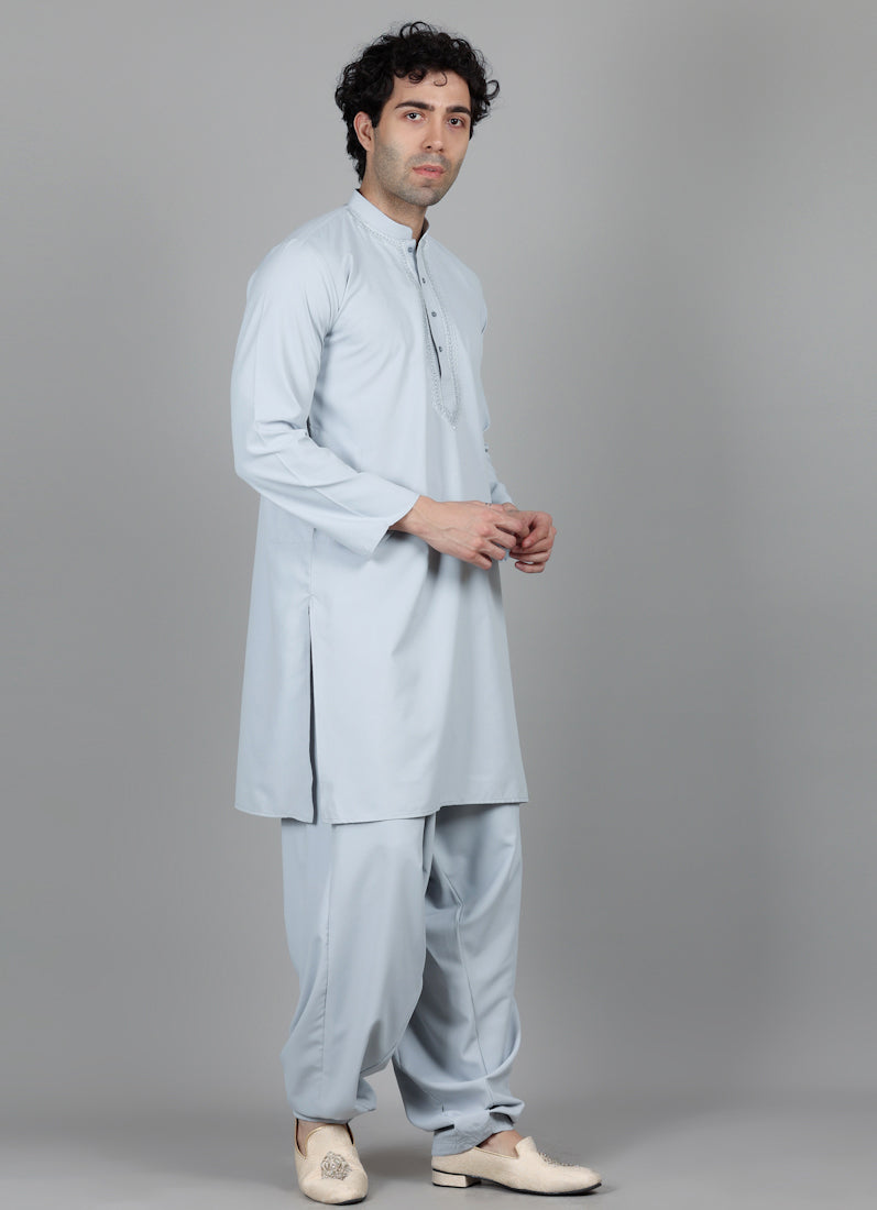 Men's Light Grey Thread Embroidered Salwar Set
