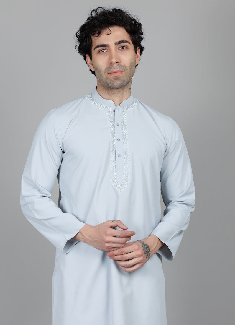Men's Light Grey Thread Embroidered Salwar Set