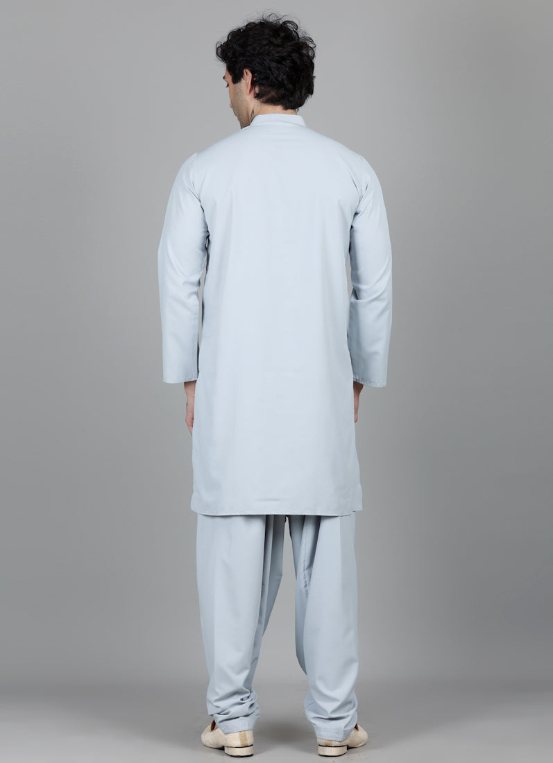 Men's Light Grey Thread Embroidered Salwar Set