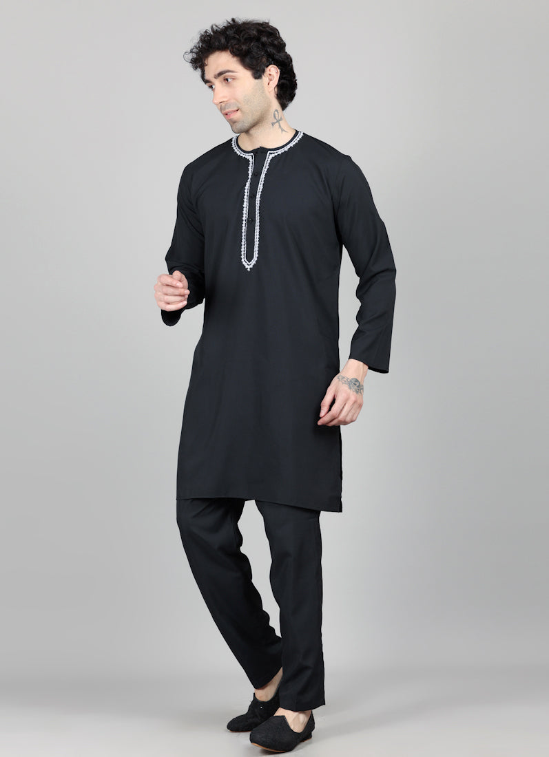 Men's Black Round Neck Embroidered Kurta Payjama Set