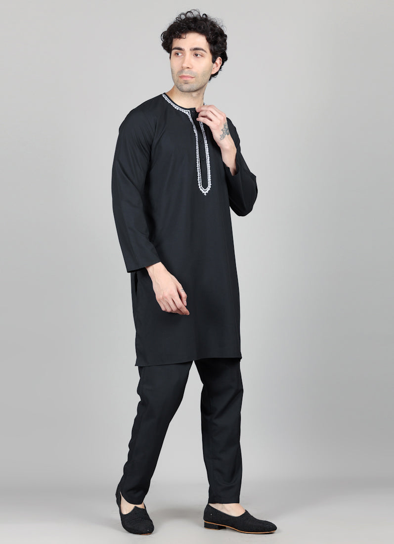 Men's Black Round Neck Embroidered Kurta Payjama Set