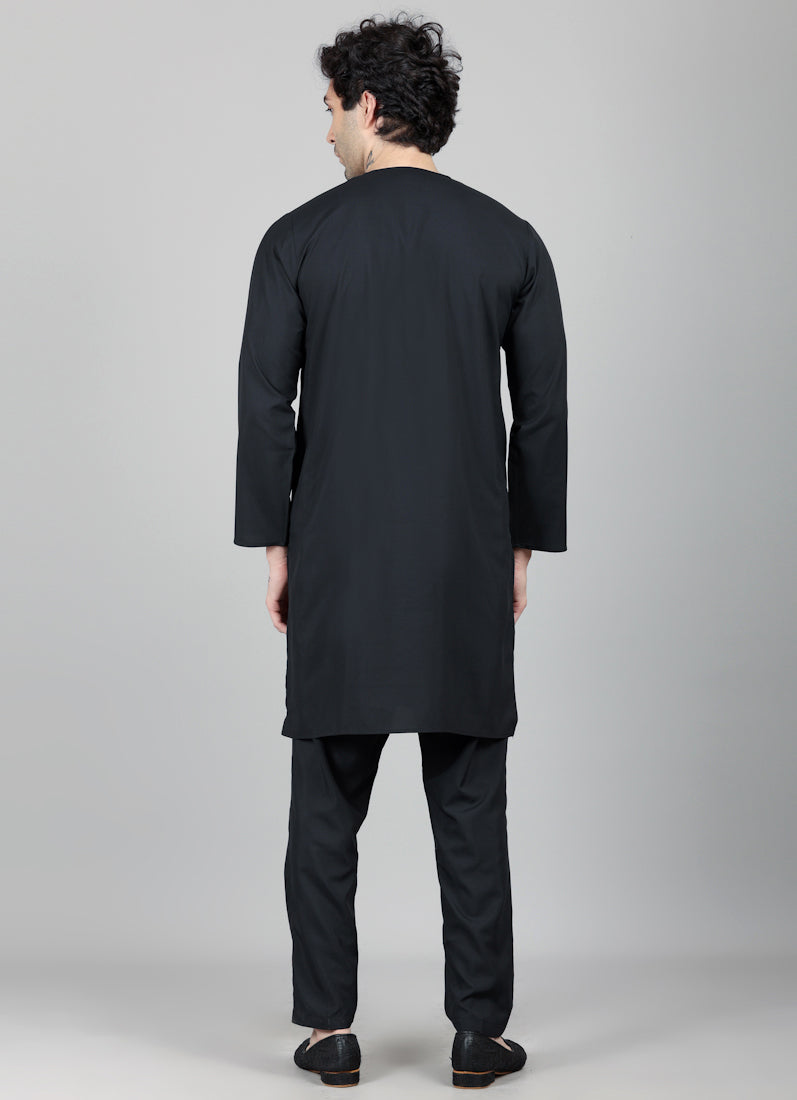 Men's Black Round Neck Embroidered Kurta Payjama Set