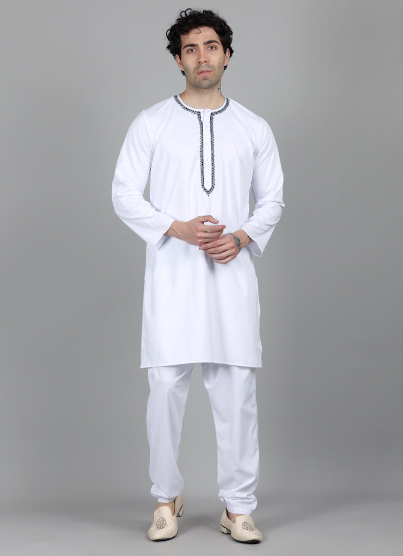 Men's White Round Neck Embroidered Kurta Payjama Set