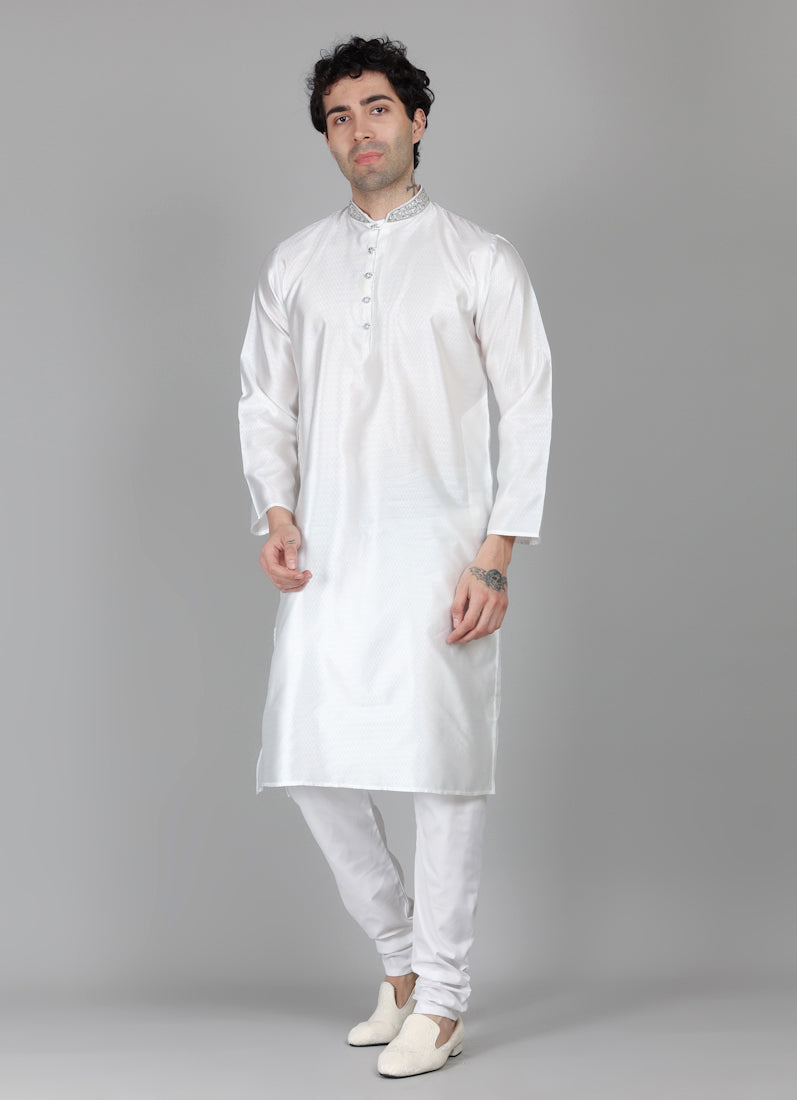 Men's White Jacquard Zari Embroidered Payjama Set