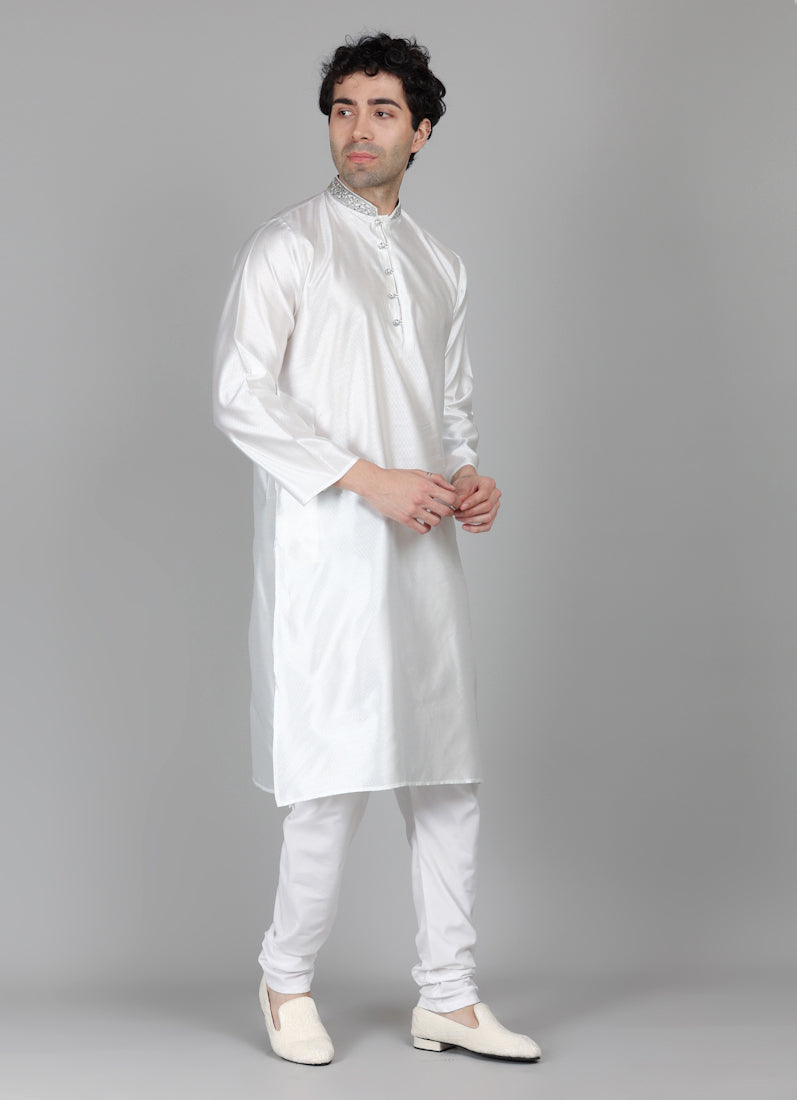Men's White Jacquard Zari Embroidered Payjama Set