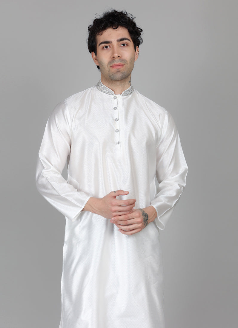 Men's White Jacquard Zari Embroidered Payjama Set