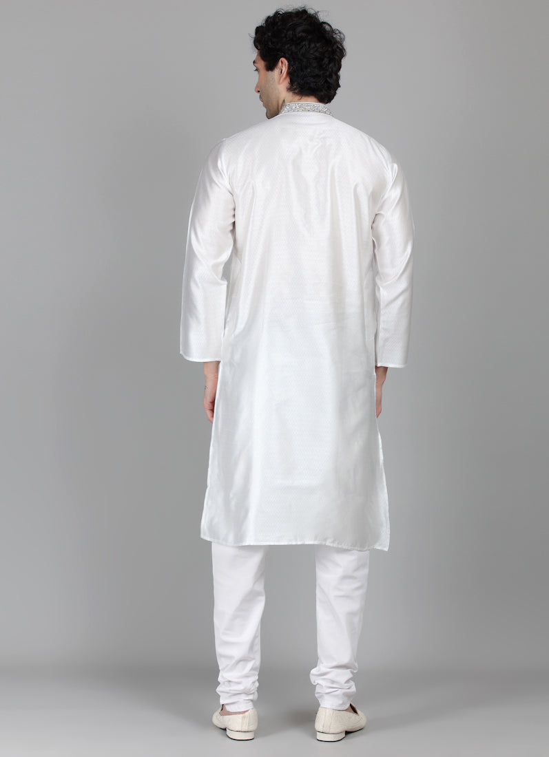 Men's White Jacquard Zari Embroidered Payjama Set