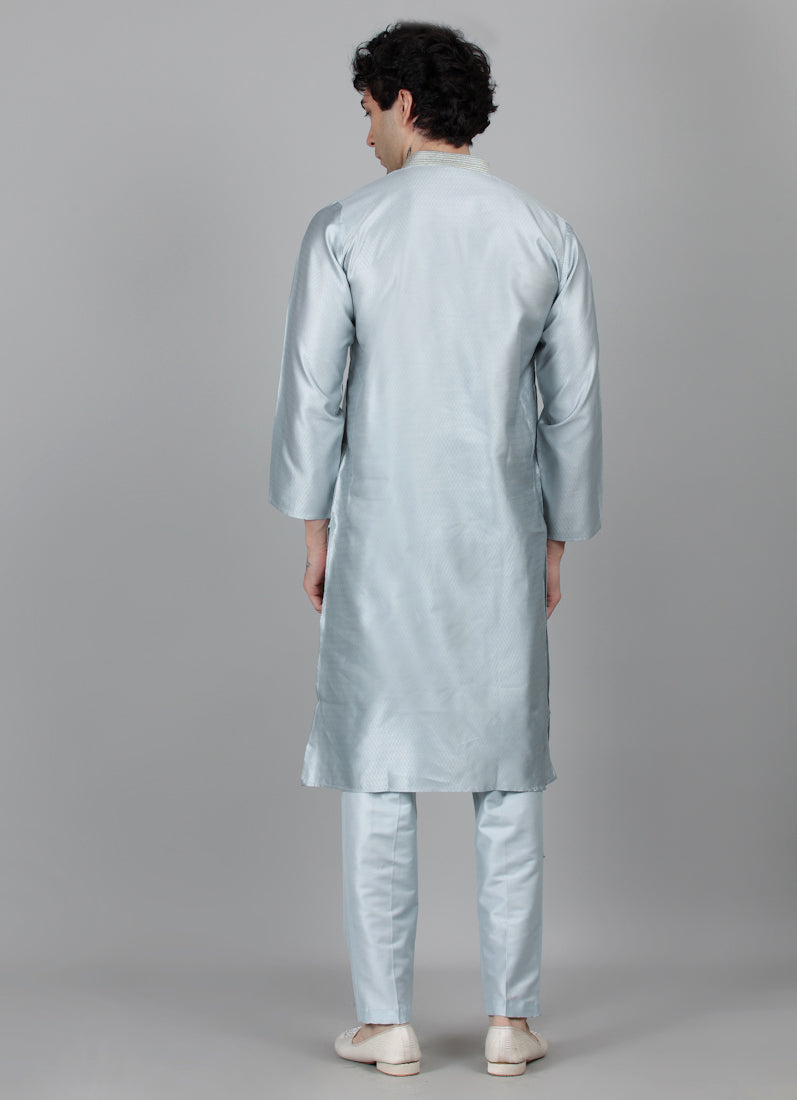 Men's Light Blue Jacquard Dori Embroidered Payjama Set