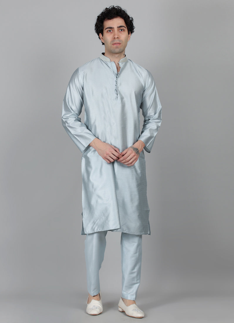 Men's Light Blue Jacquard Dori Embroidered Payjama Set