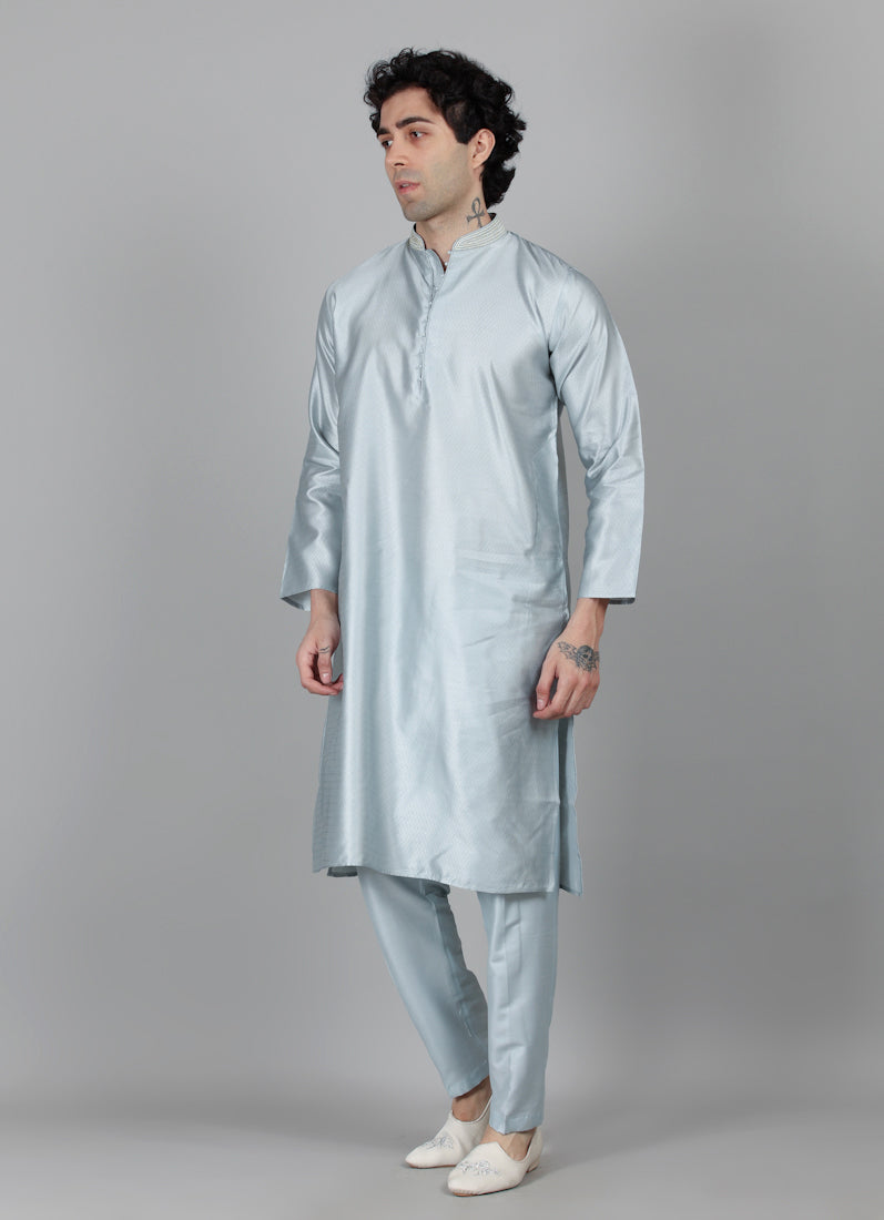 Men's Light Blue Jacquard Dori Embroidered Payjama Set