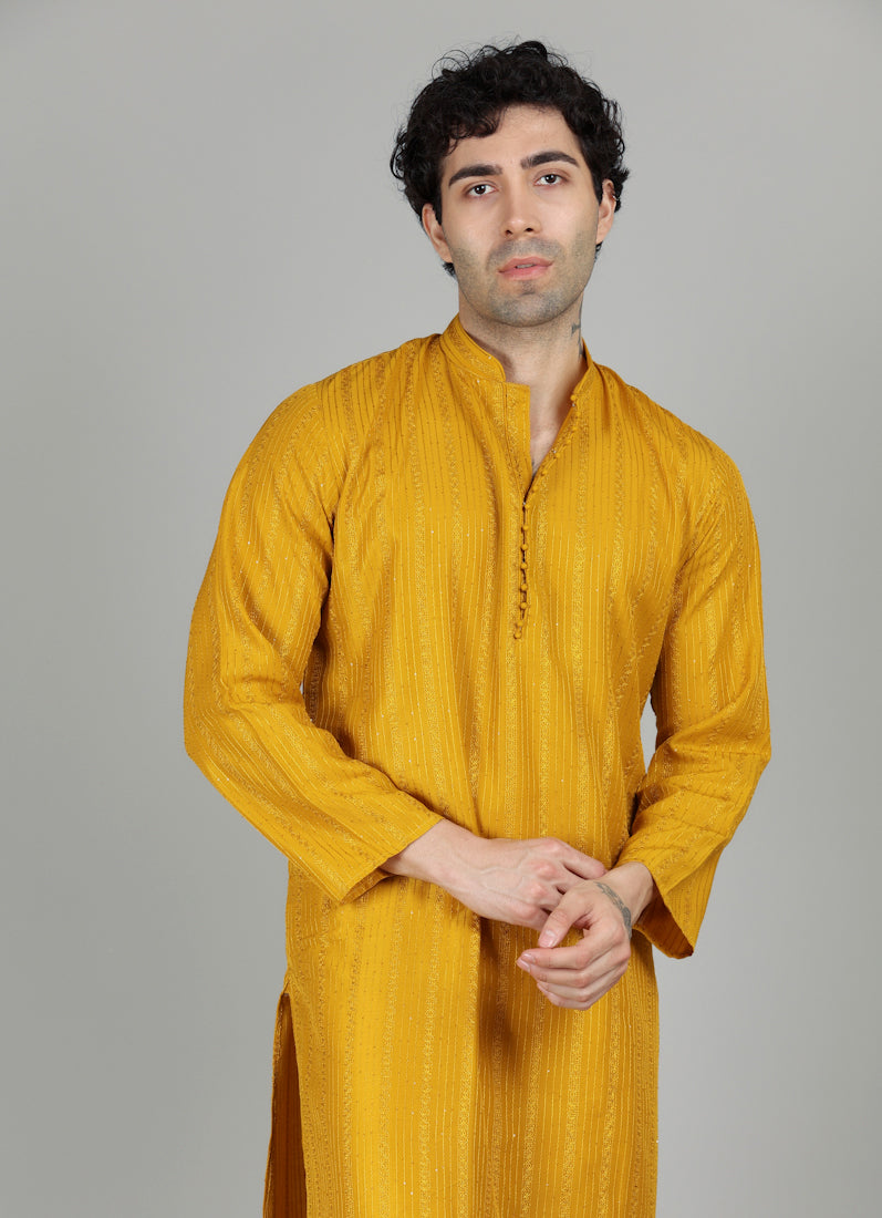 Men's Mustard Yellow Sequin Embroidered Payjama Set