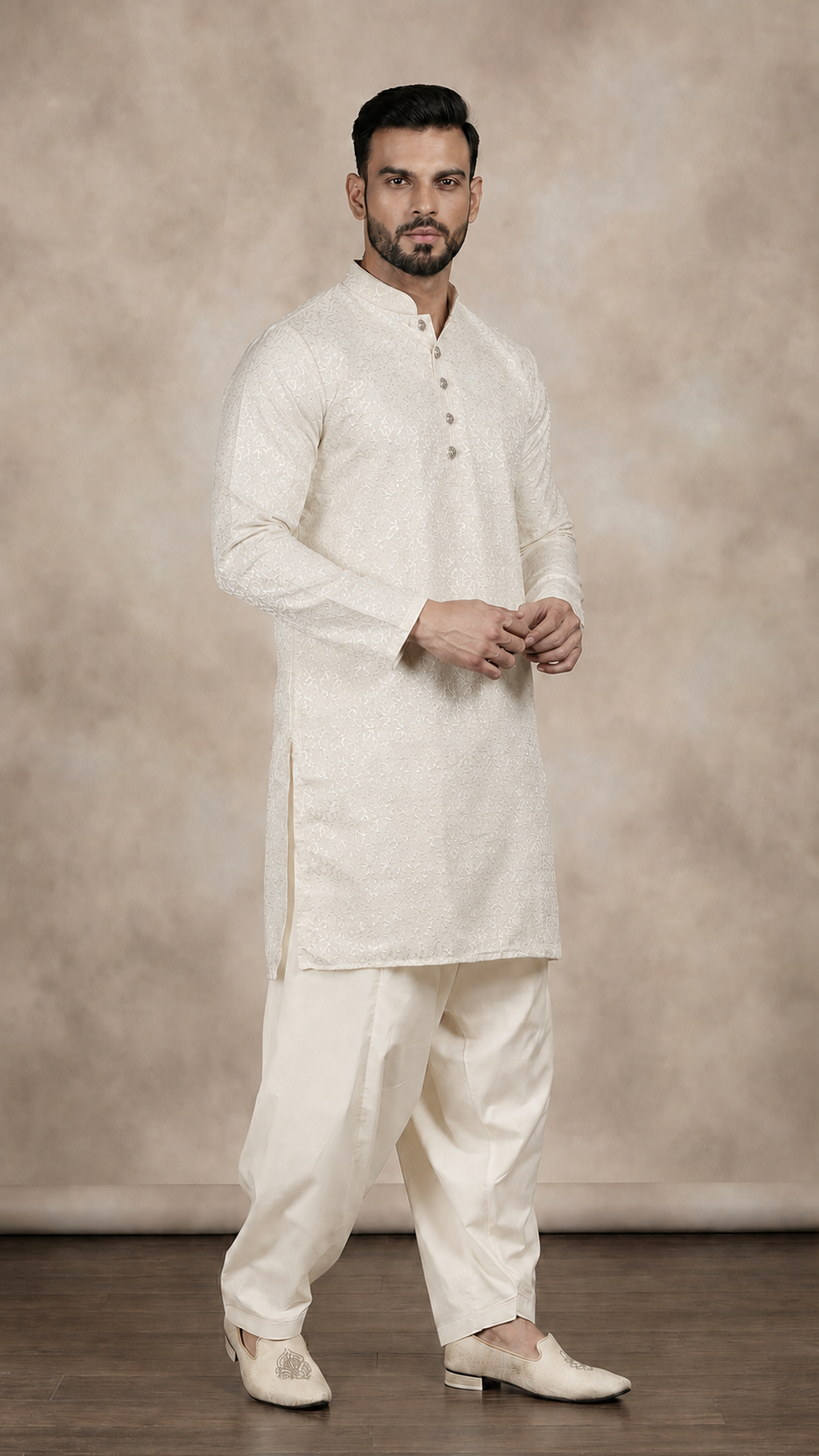 Premium Men's Ivory Cream Brocade Salwar Set. Explore our range of salwar kameez.
