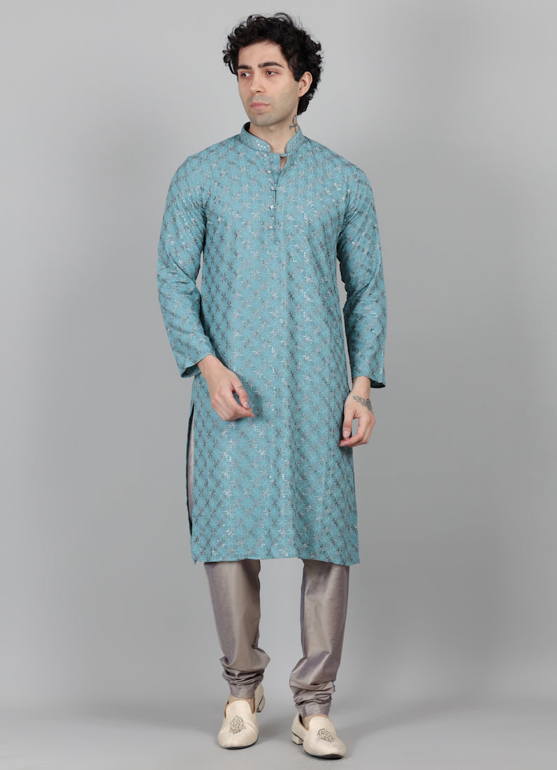 Men's Blue Chikankari Kurta Payjama Set