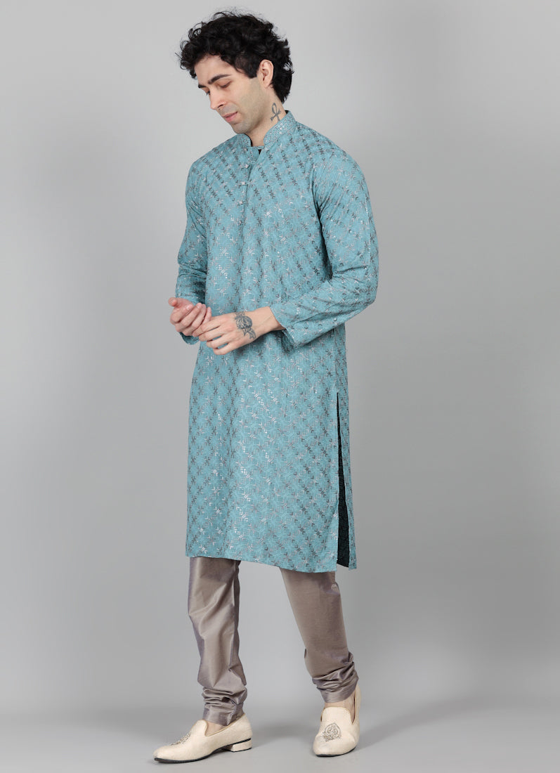 Men's Blue Chikankari Kurta Payjama Set