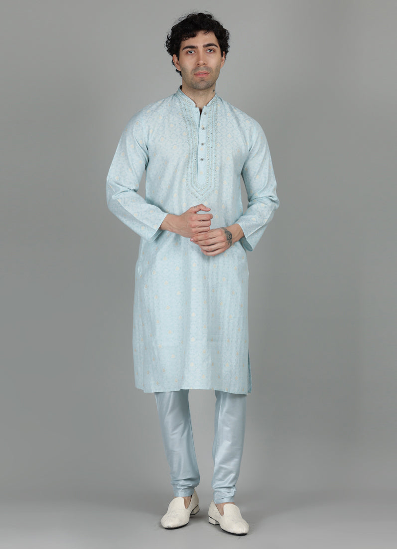 Men's Sky Blue Thread Embroidered Payjama Set