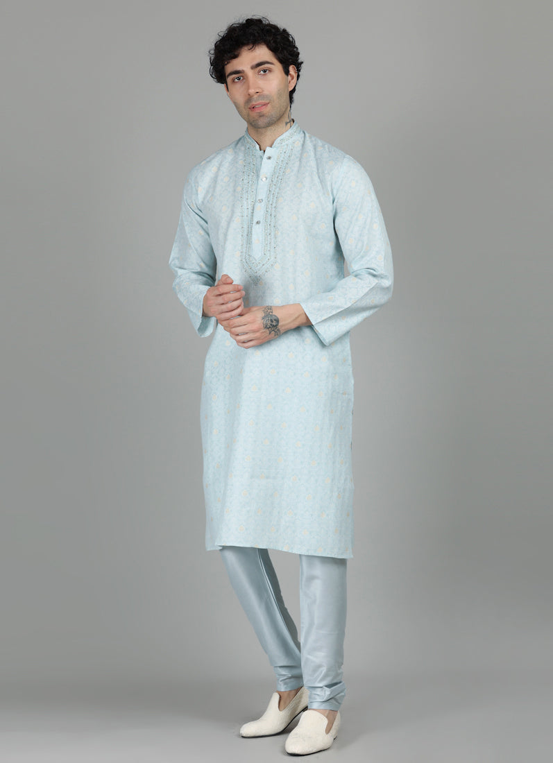 Men's Sky Blue Thread Embroidered Payjama Set
