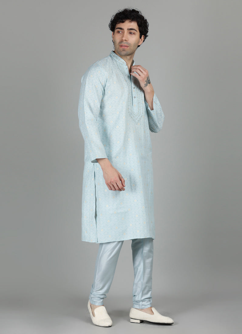 Men's Sky Blue Thread Embroidered Payjama Set