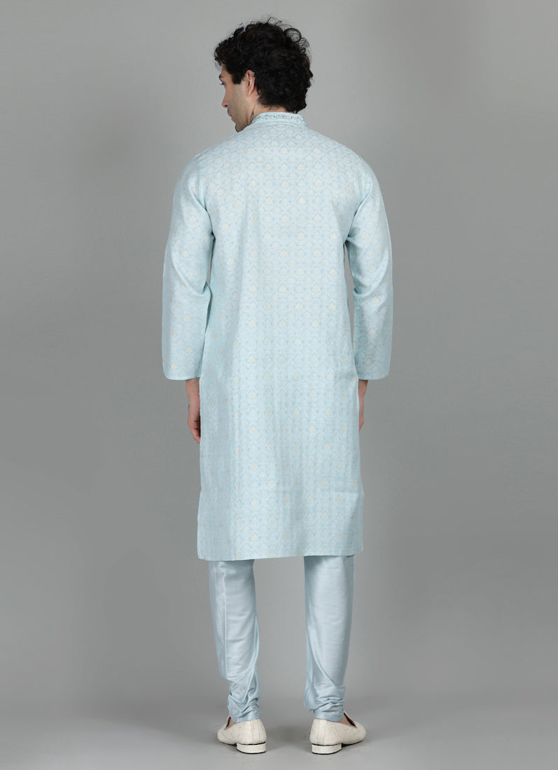 Men's Sky Blue Thread Embroidered Payjama Set