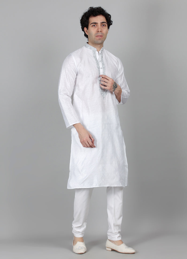 Men's Cream Jacquard Embroidered Payjama Set