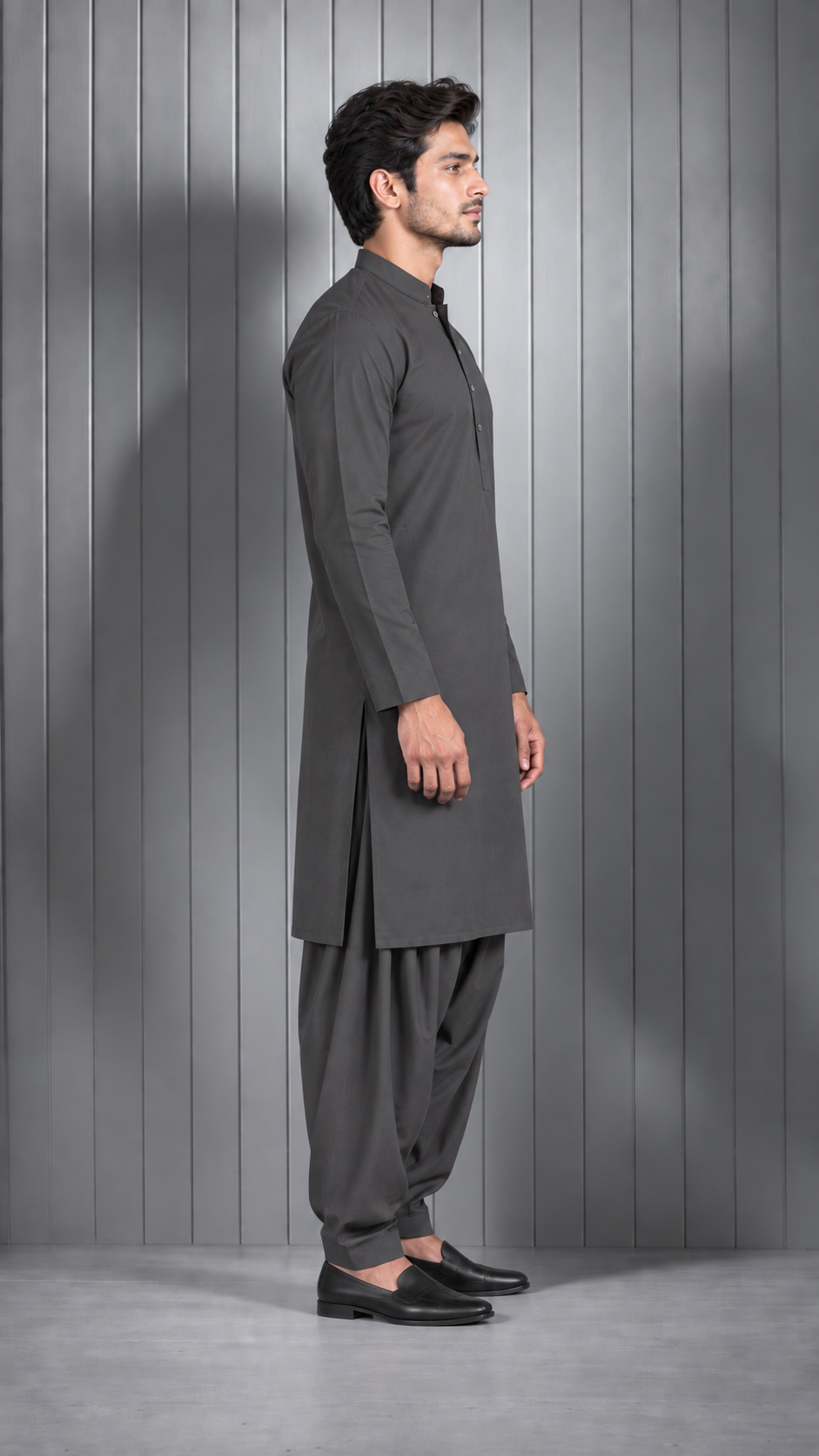 Men's Grey Plain Kurta Salwar Set with Band Collar & Side Pockets
