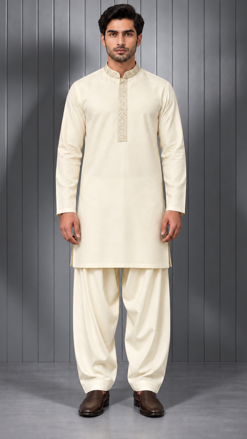 Menswear Kurta and Shalwar Set Light Lemon