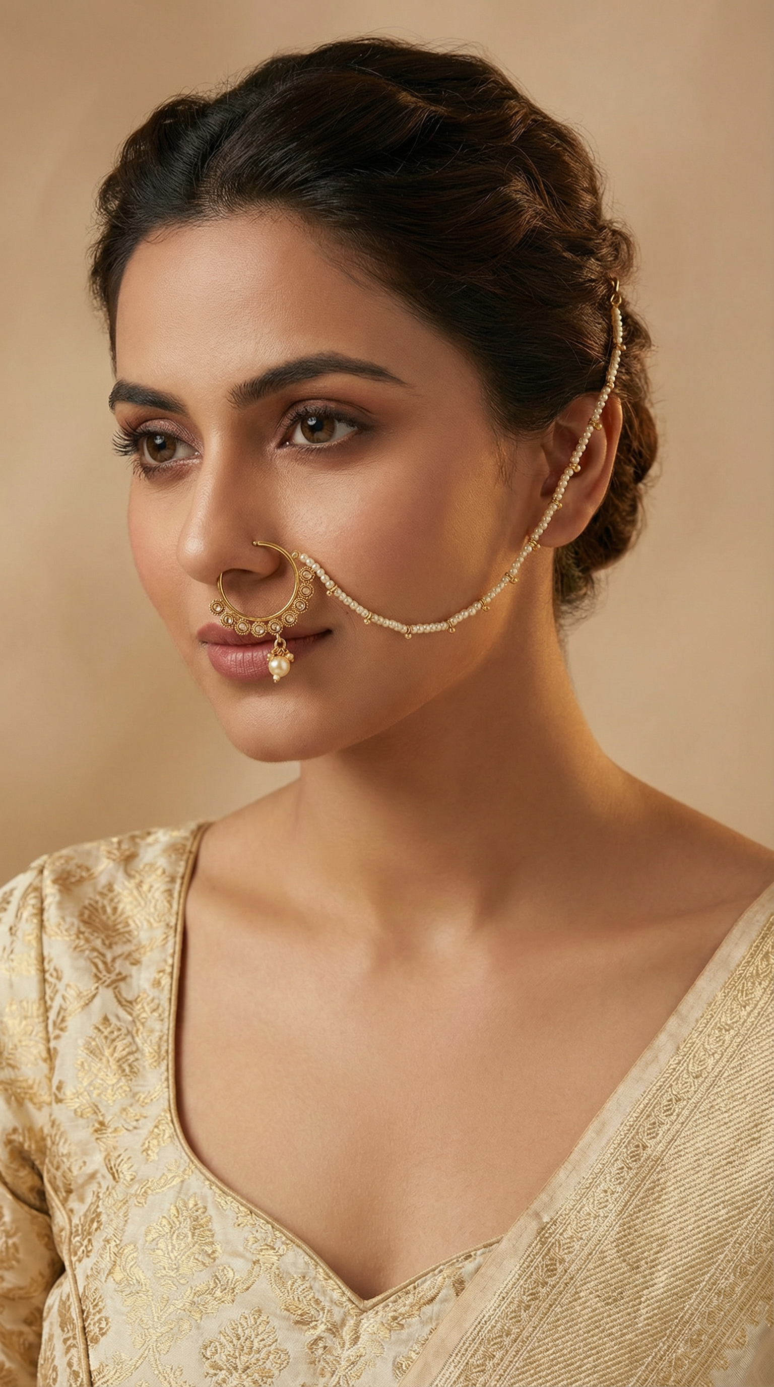 Antique Gold Nose Ring with Diamonte & Pearl Drop